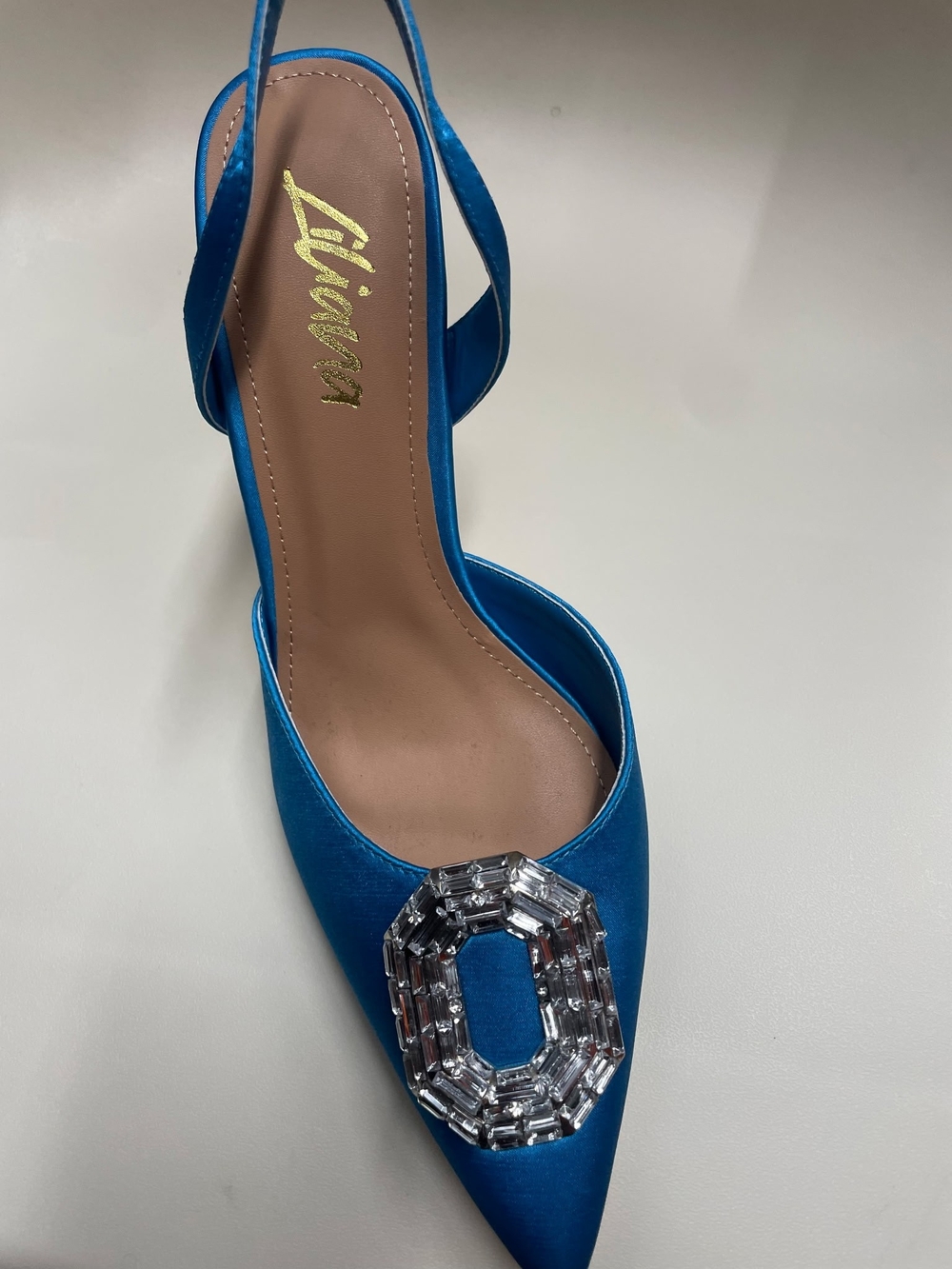 Liliana Blue Turquoise Pointed Toe Slingback with Crystal Octagon Accent